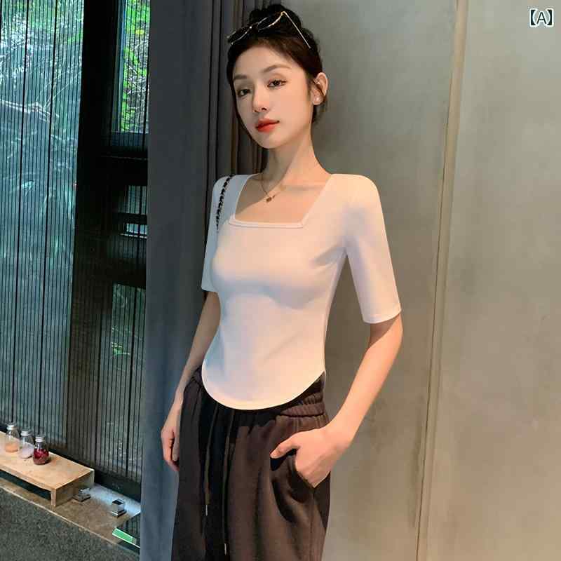 トップス レディース スクエアネック かわいい おしゃれ 半袖 Tシャツ ガール カジュアル 綿 七分袖 夏 無地 白 黒 グレー