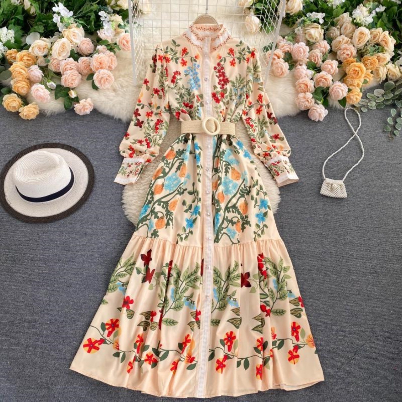ワンピース レディース ロングドレス 前開き ボタン 長袖 ボリューム袖 プリント柄 花柄