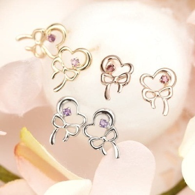 K10WGK10K10PG　1粒天然石付きオープンハートとリボンモチーフのピアス　ホワイトゴールドとアメジスト　ゴールドとロードライトガーネット　ピンクゴールドとピンクトルマリン パワーストーン