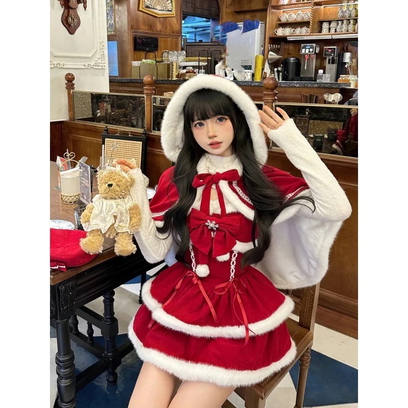 クリスマスロリータドレス優しい風気質甘いクリスマスイブ赤ずきんちゃんケープくり抜きスリムニットトップウエストふわふわスカートスーツ和服コスチュームコスチューム