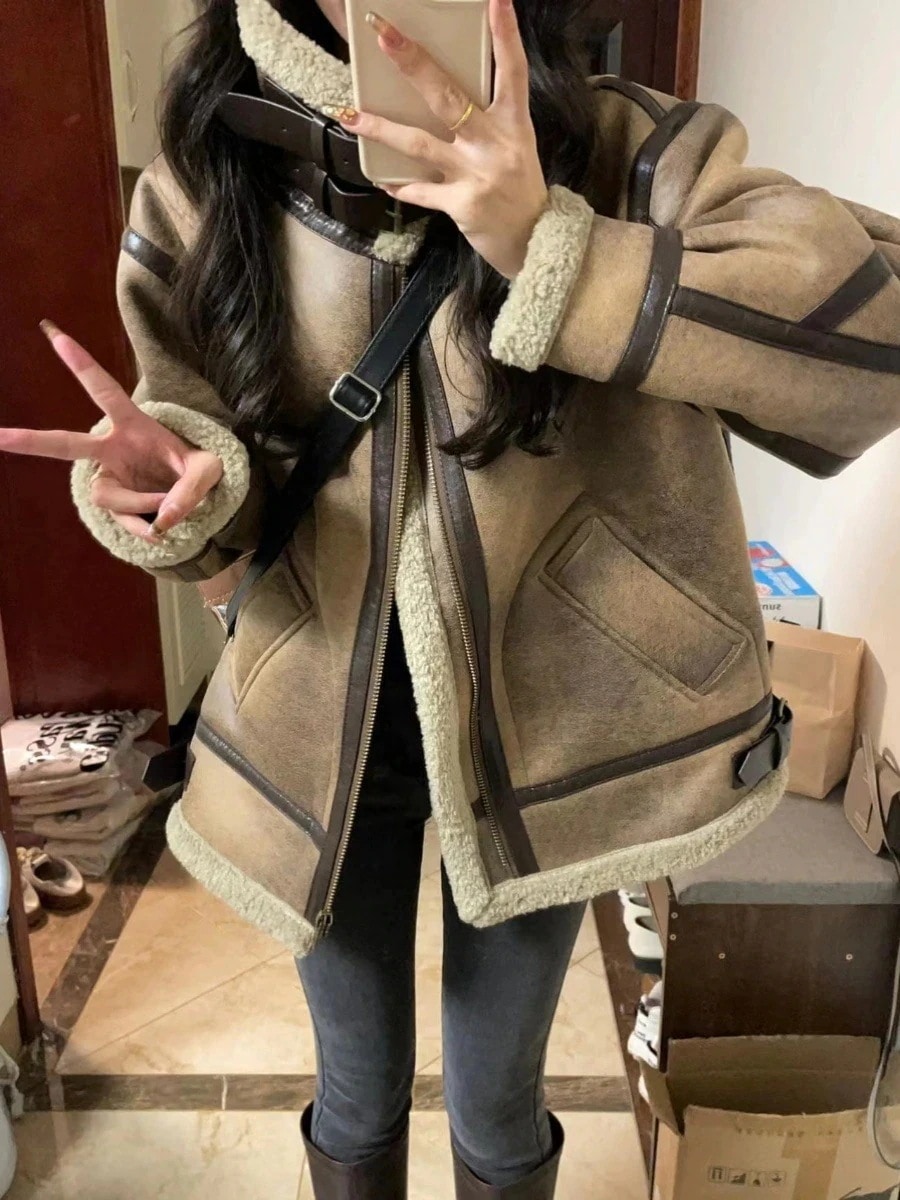 防寒 あったかアウター 風コートスタイルアップ かわいい ブルゾンファー付きファッション系裹起毛大人ゆったりカジュアルストリートサイズレディースムートン襟ゆるダボ シルエット学生通学