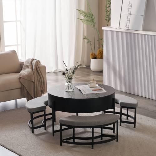 リフトセンターテーブル ダイニングテーブル4点セット テーブル1脚+チェア3脚 座面クッション・収納スペース付きセンターテーブル