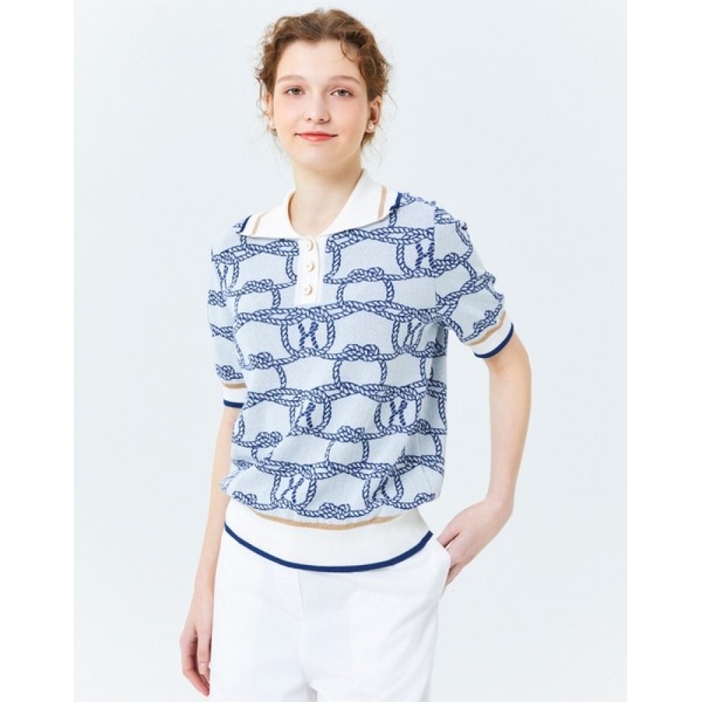 (ヘッジズレディース) 24SS ホワイトジャカードショートスリーブカラーセーター HSSW4B401WT