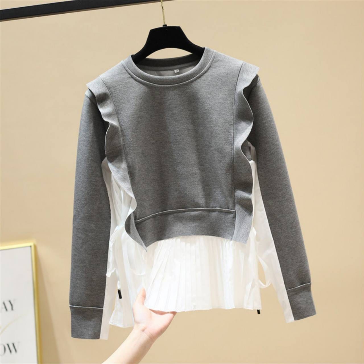 トップス プルオーバー 袖あり 長袖 ラウンドネック ペプラム 切り替えデザイン ドッキング シフォン フリル リボン 透け感 シースルー 綿 コットン かわいい 大人可愛い きれいめ シンプル