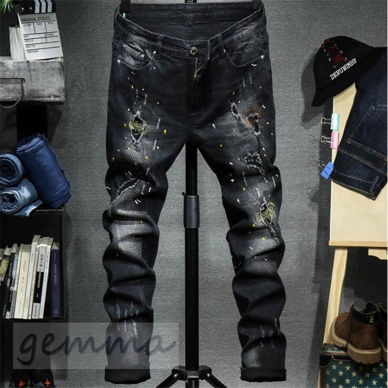 ストレート ジーンズ メンズ ペンキ クラッシュ Gパン デニムパンツ ジーパン メンズ 個性 ダメ