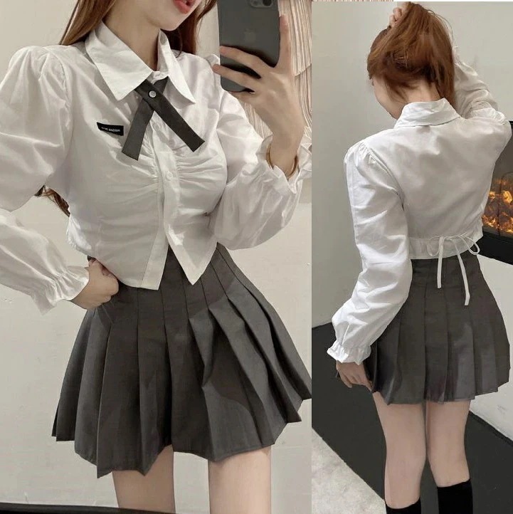 【急速出荷 2025年新作】地雷系 量産型 制服風 JK 参戦服 お嬢様 韓国 セットアップ ミニ レディース 上下セット リボン 春 秋 長袖 ショート丈 ミニ丈 可愛い カジュアル ガーリー ブラ