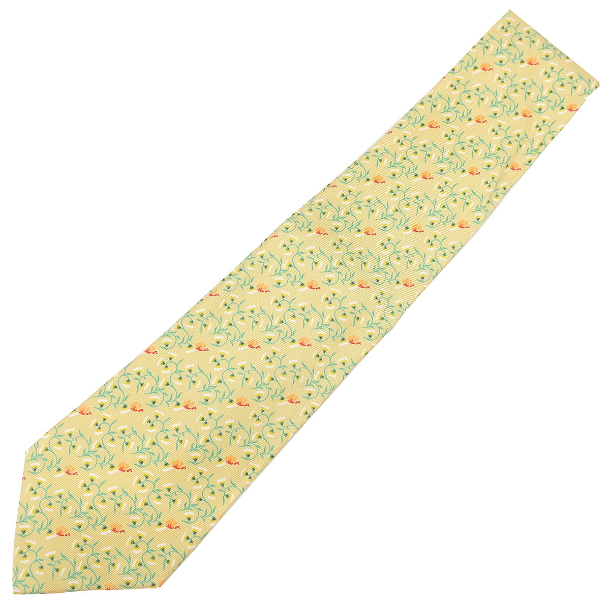 エルメス HERMES ネクタイ 植物柄 9cm シルク イエロー×グマルチカラー 黄色 花柄 【中古】