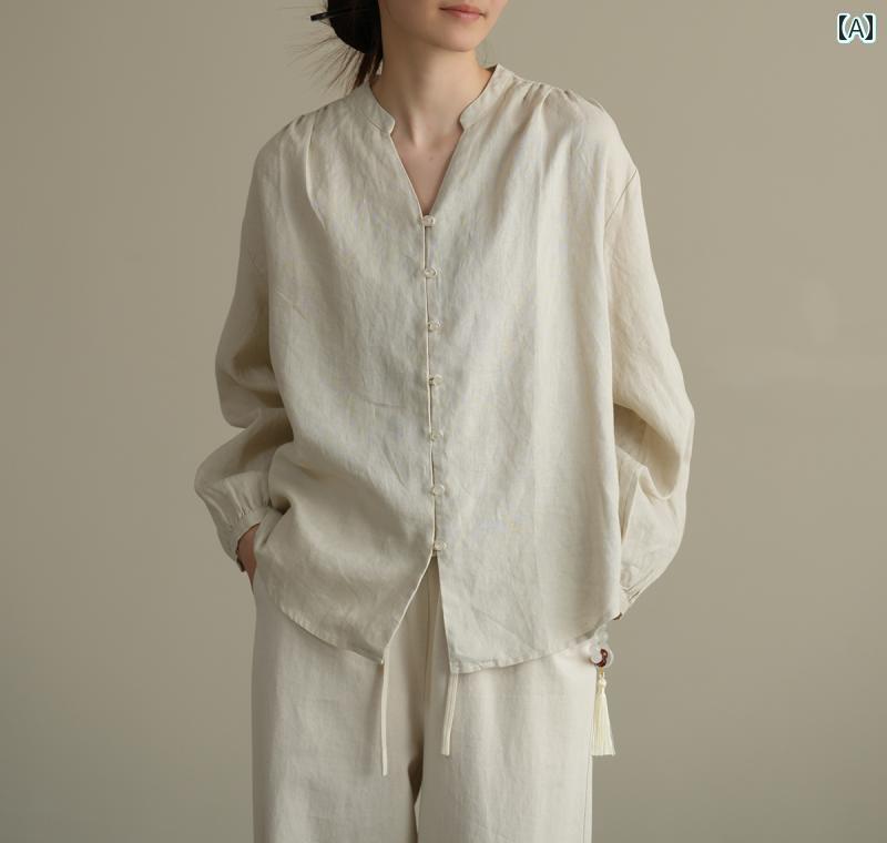 トップス　レディース　シャツ 会員に よる 植物 染めの チャイナ風 女性 シャツ ウォッシュ リネン Vネック 春秋 婦人服の