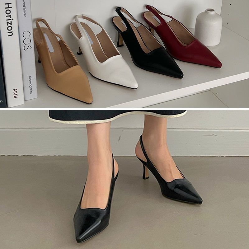 4color シンプル, ベーシックな雰囲気の 無地 ポインテッドトゥ バックストラップ付き 7cmヒール スリングバックパンプスポインテッドトゥ