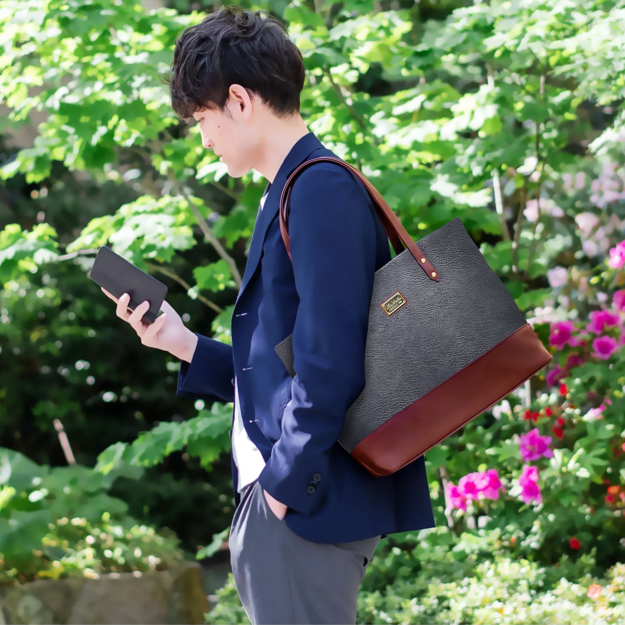 別注 プレミアムシンプルトートバッグ 3ポケット付き ビジネストートバッグ 大容量 A4 メンズ レディース グレー ブラウン V-01(P)トートバッグ