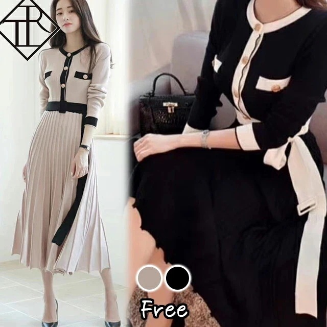 ワンピース レディース ニットワンピース 秋冬 ロングワンピース 長袖 秋 ニット ワンピース 大きいサイズ 大人可愛い 可愛い お洒落 普段使い プリーツ 上品 ツートンカラー 美脚効果 足