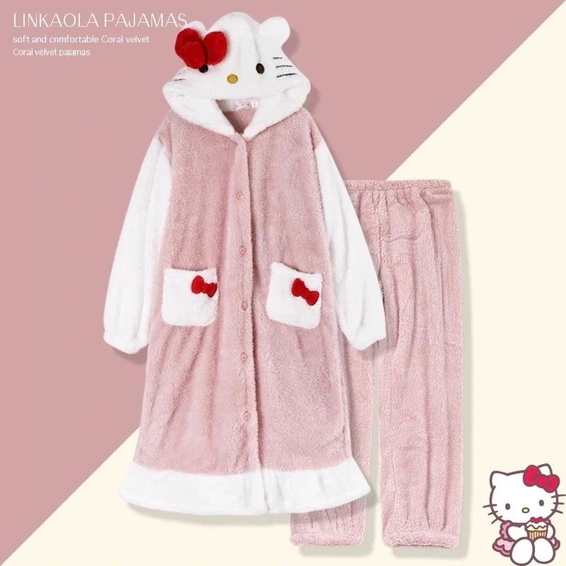 【10個セット】ハローキティ サンリオ もこもこ ルームウェア 厚い モコモコ ガウン パジャマ ワンピースパジャマ レディース 冬かわいい 着ぐるみ ペアルック カップル キッズ メンズ