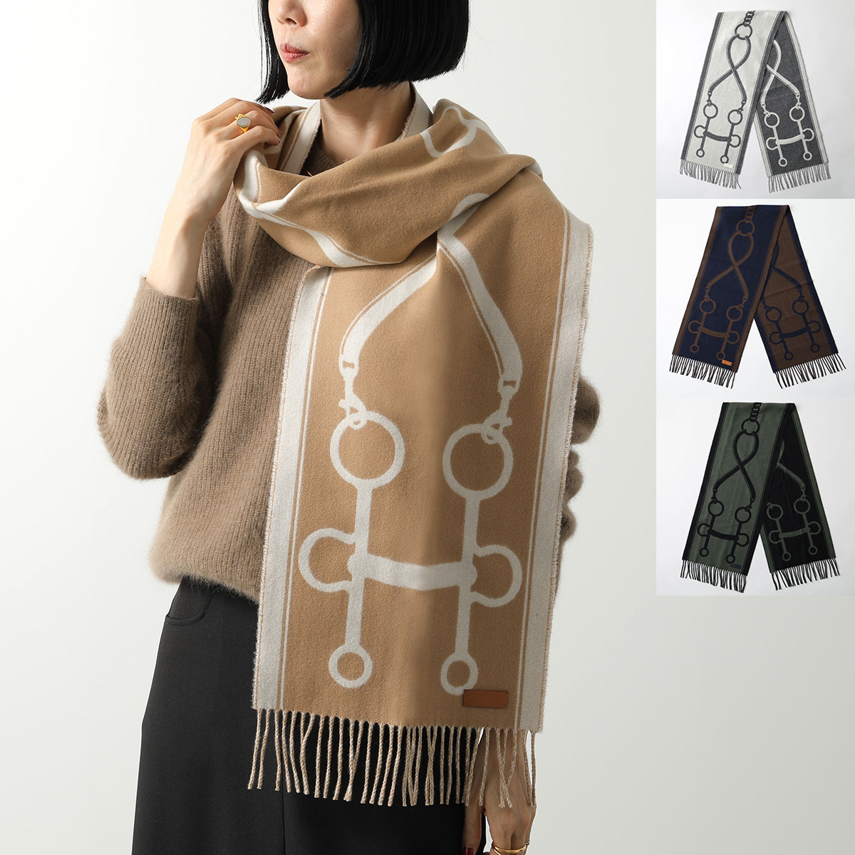 HERMES エルメス マフラー 160×30 モール H259157S レディース カシミヤ バイカラー ストール フリンジ ロゴタグ カラー4色