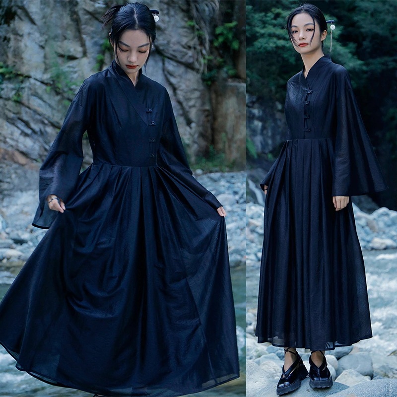 【快速出荷】チャイナ風ワンピース 黒 プリーツワンピース シャツワンピース 長袖 前ボタン レトロ気質 古風 レイヤード 通勤 ハイウエスト