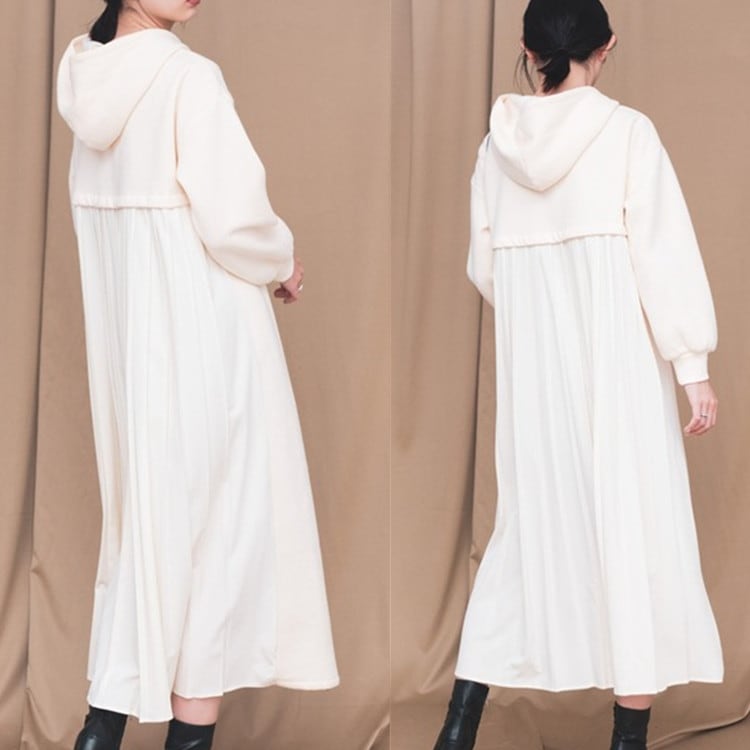 プリーツロングパーカー レディースパーカー フード パーカ 無地 長袖 厚手 フリーサイズ ワンピース インナー 帽子付き 韓国