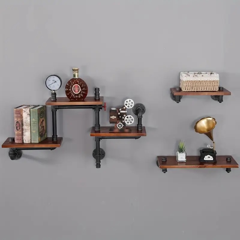 5段階の工業用農家の壁掛けフローティングシェルフ - 家の装飾バーリビングルーム用のロマンチックな木材と金属の収納ラック - 簡単に組み立てられツールは必要ありません本植物などを装飾的に吊