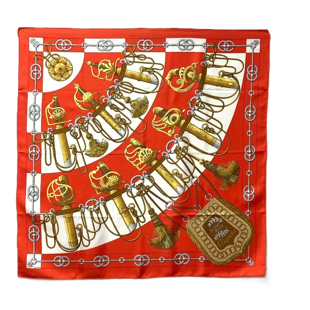 スカーフ Cliquetis カチカチ 剣柄 カレ90 シルク オレンジ