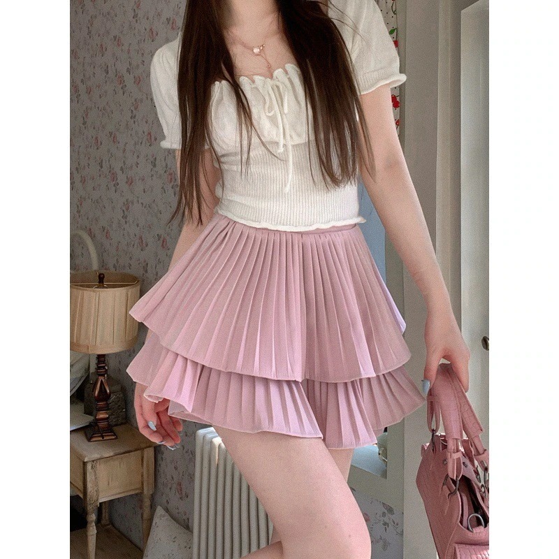 【1つ買うと10つ無料】夏の女性のためのバレエスタイルのプリーツケーキスカート語バージョン2025ハイウエストスリムで腫れたハーフボディスカート