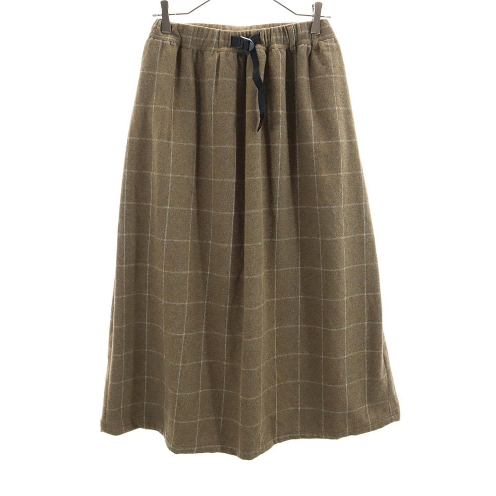 ウールブレンド チェック柄 ロング丈 スカート S ベージュ系 ウエストゴム レディース