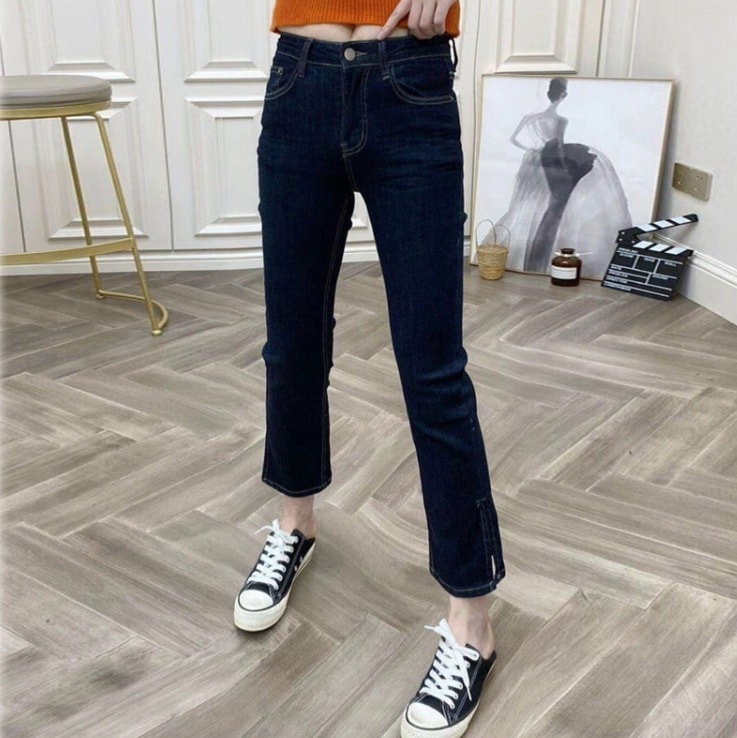 クロップドデニムパンツ 裾スリット ネイビー アンクル ハイウエスト 韓国 レディース オルチャン スリット 春 春夏 春 カジュアル スキニー 大きいサイズ 2XL 3XL 4XL