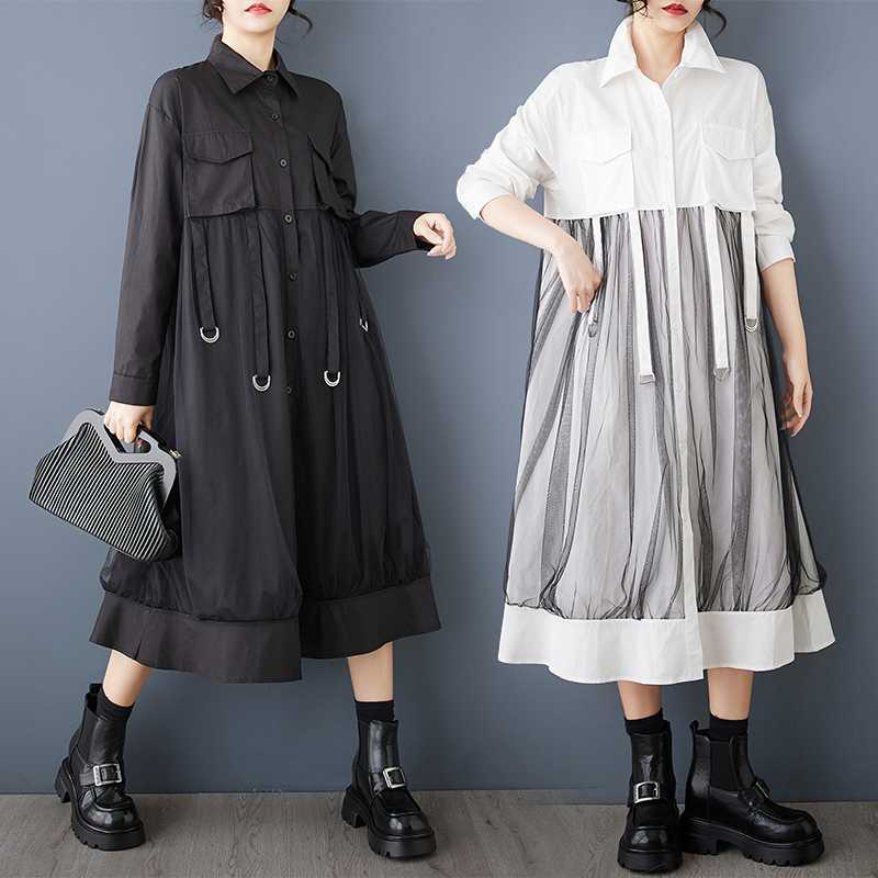 長袖 レディース 体型カバー 2025秋 シワデザイン 「ファットガール」 ロングワンピース 大きいサイズ チュールドッキング ワンピース メガ割