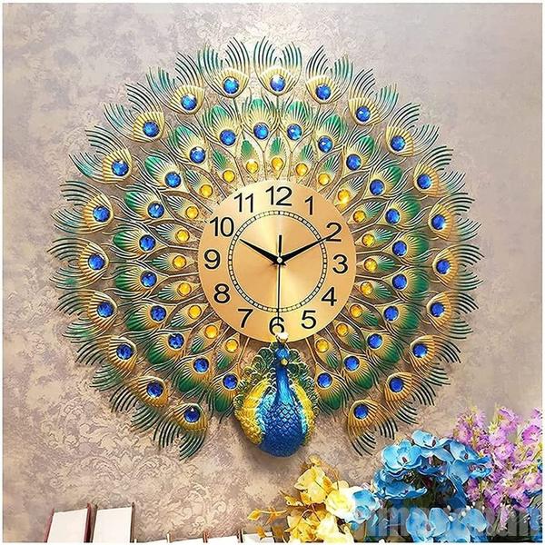 【新品追加】60cm 特大 孔雀 壁掛け時計 シルバー ブルーストーン 孔雀 デザイナーズ 掛時計フラワー 時計 おしゃれ エレガント クラシック リビング時計 ウォールクロック 時計
