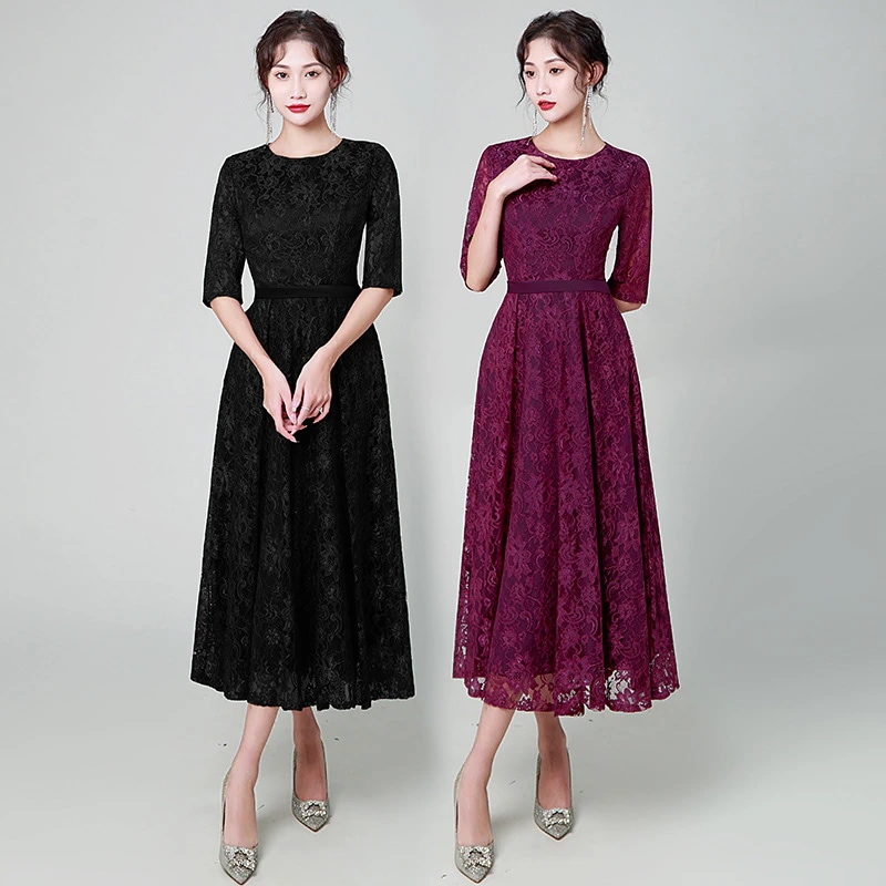 パーティードレス 総レース ワンピース ロングワンピース 七分袖 ブラック ワインロング丈 レディース 袖付き 結婚式 二次会 お呼ばれ 披露宴 卒業式 入学式 花柄 レース 大きいサイズ 20代 3
