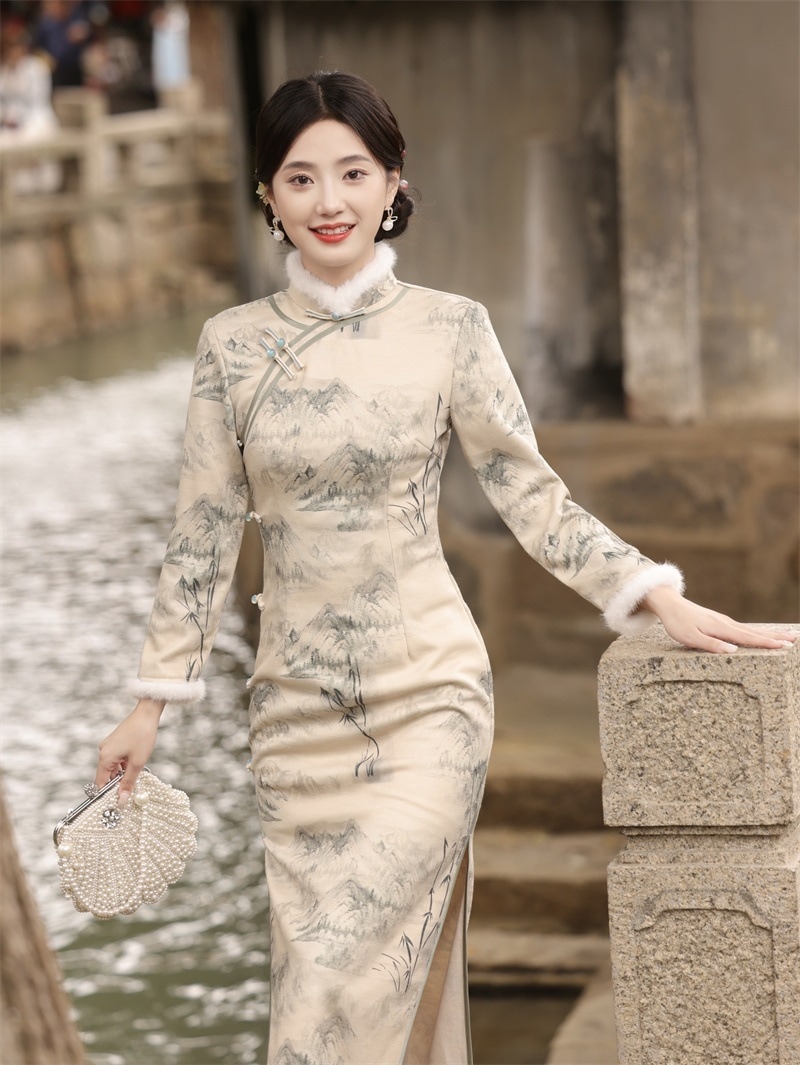 2024新入荷 秋冬は厚手の長いチャイナドレススタンドカラーの長いチャイナドレス ドレス ワンピース レディース 韓国ファッション パーティードレス
