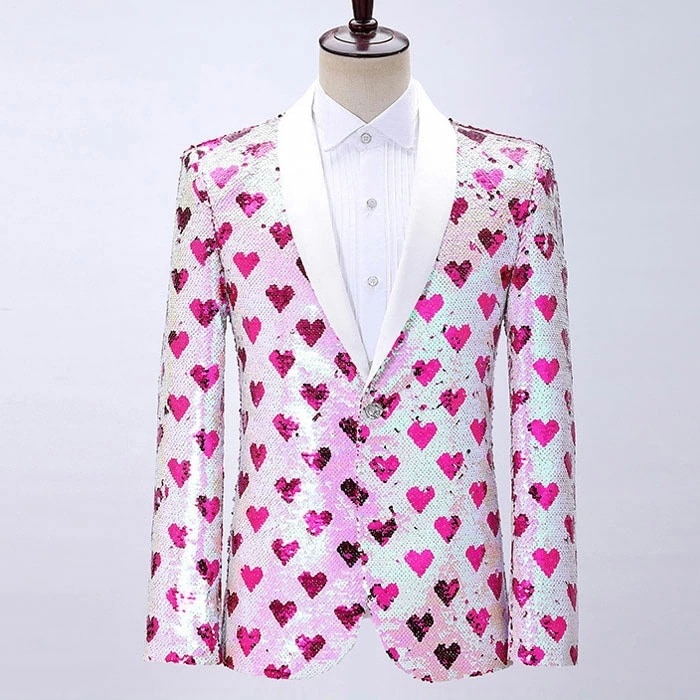 ハート掘り出し物スパンコールはジャケット キラキラ コスプレ ハロウィン 男性 メンズ 宴会 パーティー 結婚式 仮装 司会 コスチューム 芸人 イベント ステージ衣装 カラオケ衣装 ダンス衣装 舞台