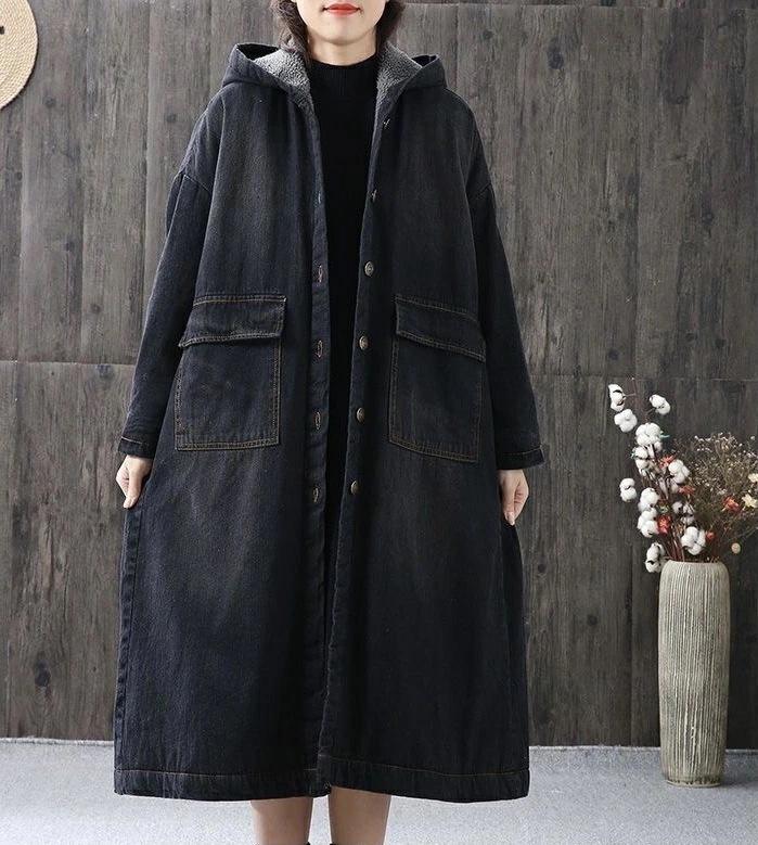 【人気商品】レディース デニムコート 厚手裏起毛 ロングコート フード付きコート コートレディース冬 デニムレディース ロングコート デニム あったか コート あったかグッズ 屋外 ビッグシルエット