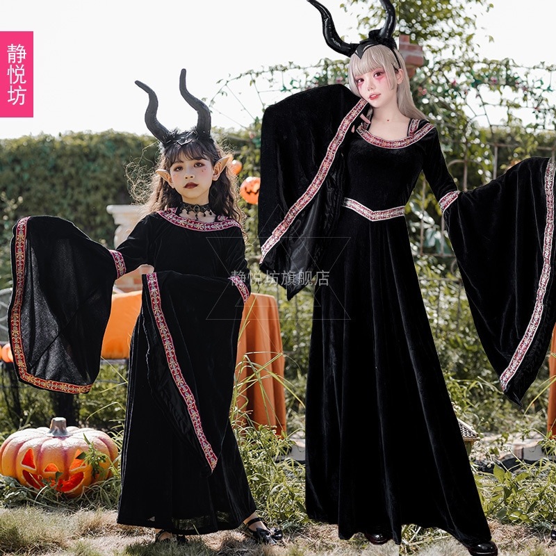 ハロウィンの子供用コスチューム親子悪魔魔女吸血鬼魔法使いローブ子供服中世パフォーマンスドレス