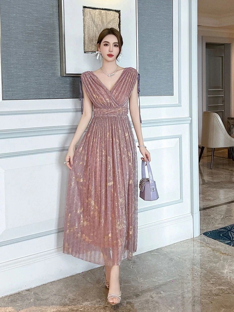 Aライン ロングワンピース 演奏会 ウェディング 二次会 結婚式 同窓会 2025夏新品 【JY.】 vネック メガ割 卒業式 キャバ 巾着 大人 披露宴 ドレス パーティー プリーツワンピースド(2