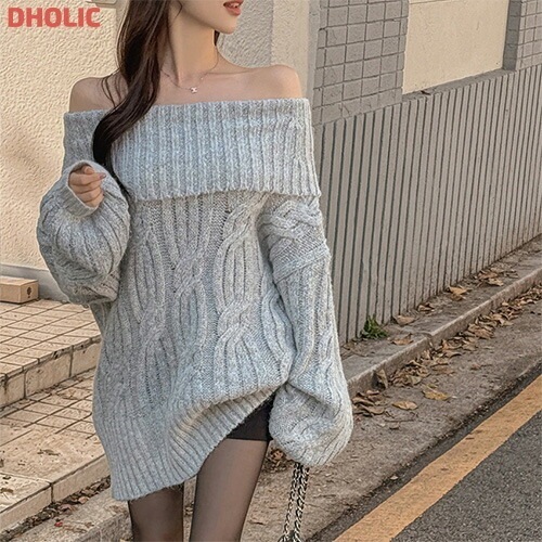 [メガ割りSALE]ルーズオフショルダーケーブルニット