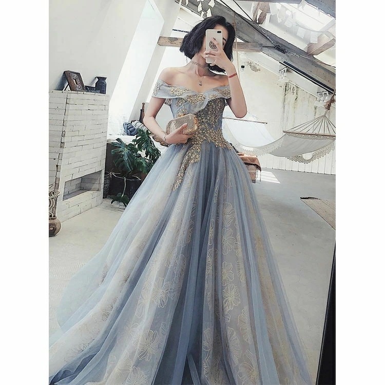 イブニングドレス オフショルダー グレー ゴールド 発表会ドレス ロングドレス 金色 花柄 キレイめ パーティードレス オフショル Vネック Aライン ロング 結婚式ドレス 二次会ドレス XS S M 7,364円