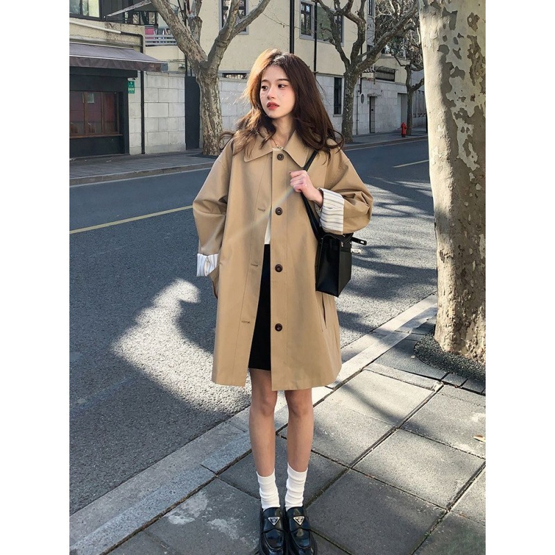 カーキ韓国スタイルウインドブレーカージャケット女性のための春と秋 2025 新しいカジュアルスタイルの小さなドレープトップ