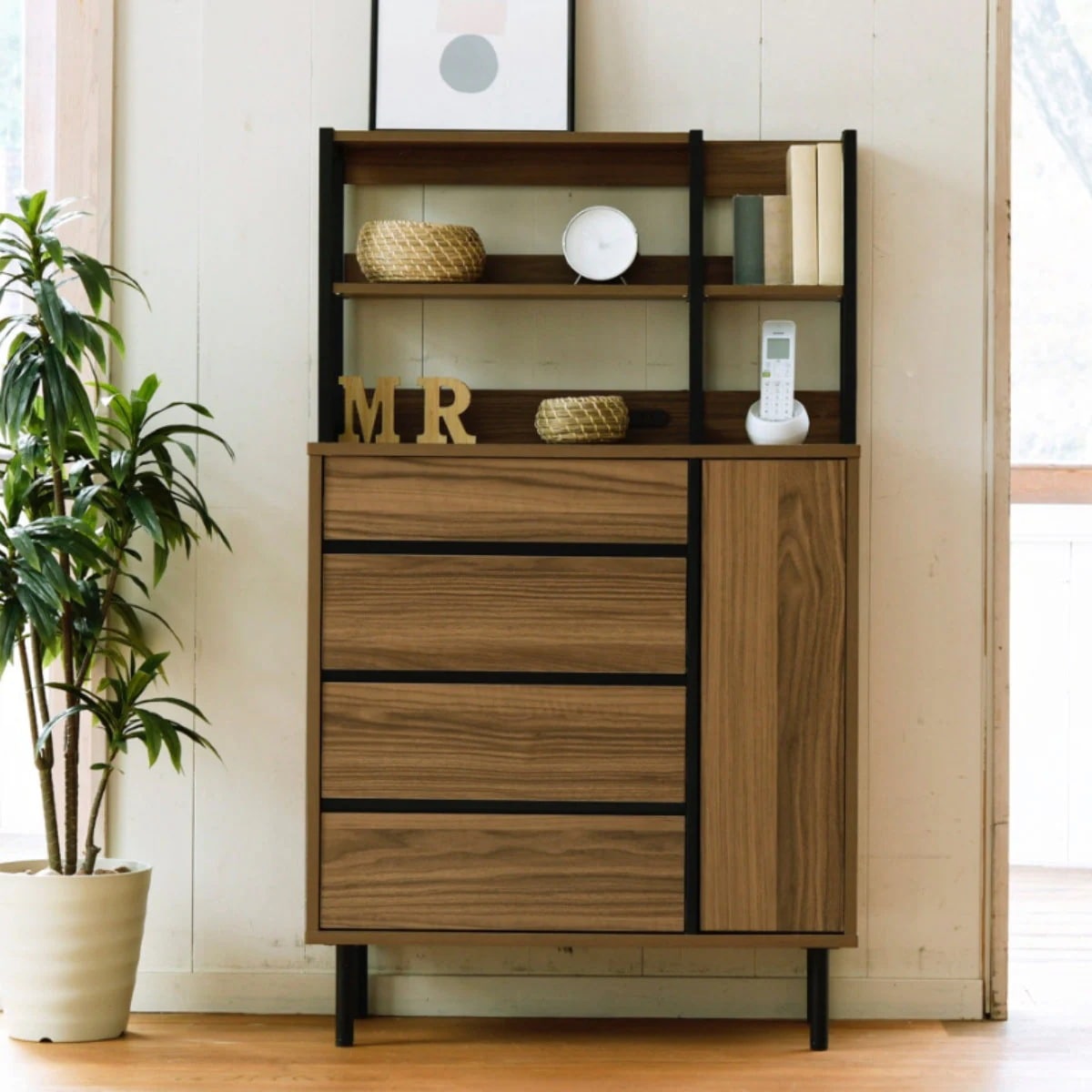 リビングボード オープン上棚付 北欧モダン Fresser 約幅78cm 脚付 リビング 収納 間仕切り 棚 本棚 オープンラック ラック コンセント付 キャビネット ブラウン シンプル 21,445円