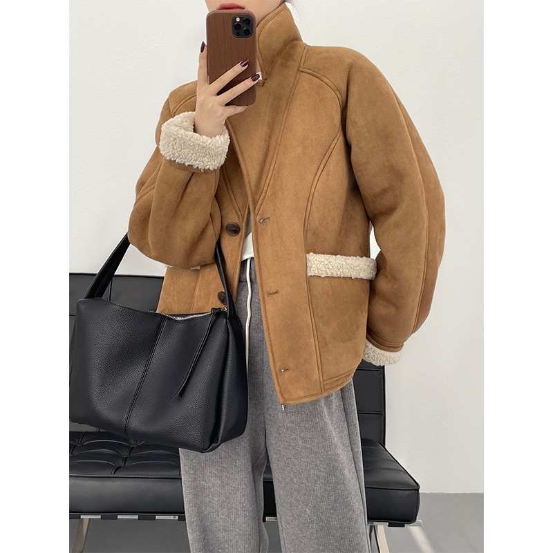 滔川復古毛皮一体羊小毛コート女性秋冬シギ皮パイル増厚保温機関車服ジャケット2171