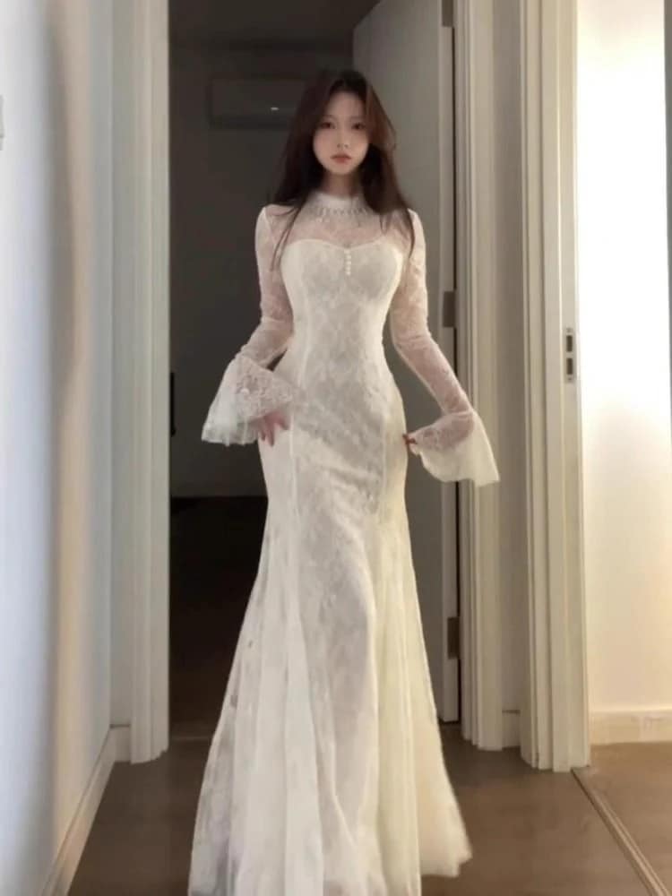 甘辛系フィッシュテールロングドレス 春秋の高級感プリンセスドレス ワンピース