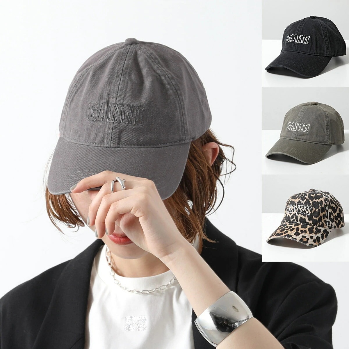 GANNI ガニー ベースボールキャップ Cap Hat A6300 A6301 A6302 A6303 5890 レディース コットン ロゴ刺繍 レオパード 帽子 カラー4色
