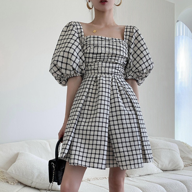 ワンピース レディース シャツ プルオーバー 半袖 パフスリーブ ボリューム袖 オフショル オフショルダー デコルテ デコルテ開き ハイウエスト Aライン ふわふわ 薄手 かわいい 大人可愛い