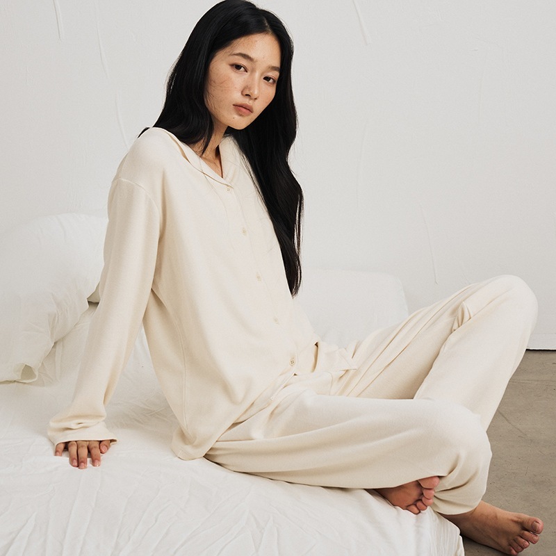 レディース秋冬海藻繊維ホームウェア防ダニ保湿無地ボタンカーディガン長袖高級快適アウターウェアパジャマ