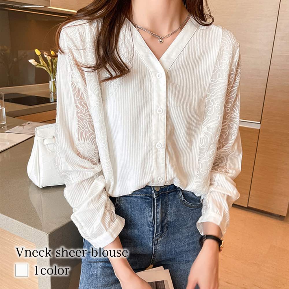 ブラウス レディース Vネックシアーブラウス 黒 ノーアイロン ワンピース Tシャツ 春 レース 安い カットソー ブランド スーツ オフィス カジュアル 冬 秋 きれいめ 高品質 人気 フォーマル