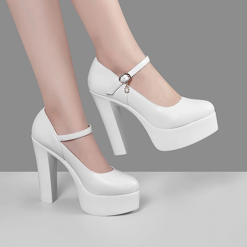 牛革ロール 13 センチメートル超ハイヒールポインテッドシューズ太いヒールハイヒール防水プラットフォーム白チャイナシューズモデルシューズ安い