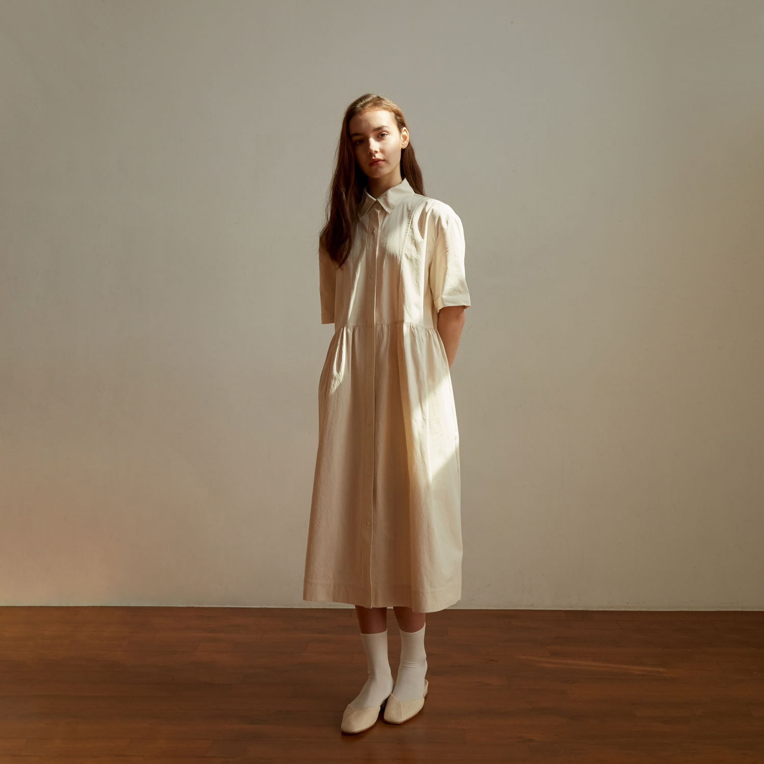 COTTON SHIRRING DRESS_IVORY