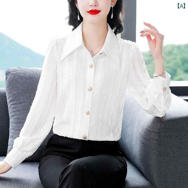 レディース　　シャツ　トップス 杭 州 ビッグ シルク シャツ レディース 長袖 ポロ カラー 高級 通勤 プロ ウェア 桑 シルク トップ