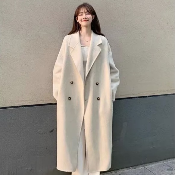 大きいサイズ アウター ウールコート ロングコート コットンウール 無地 長袖 ダブルブレスト ポケット ブラック 黒 ベージュ ストレート 秋 冬 L XL 2XL 3XL 4XL 袖あり かわいい