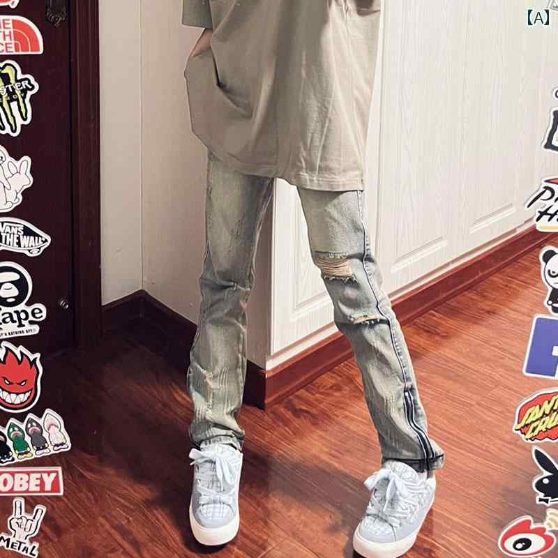 デニムパンツ レディース ダメージ ジーンズ クラッシュ ボトムス ストリート レトロ サイドジッパー タイト ストレート ブルー