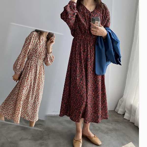 【新作】プリントワンピース　長袖　ひざ下丈　ミモレ丈　フレアスカート　ギャザースカート M L 上品　大人