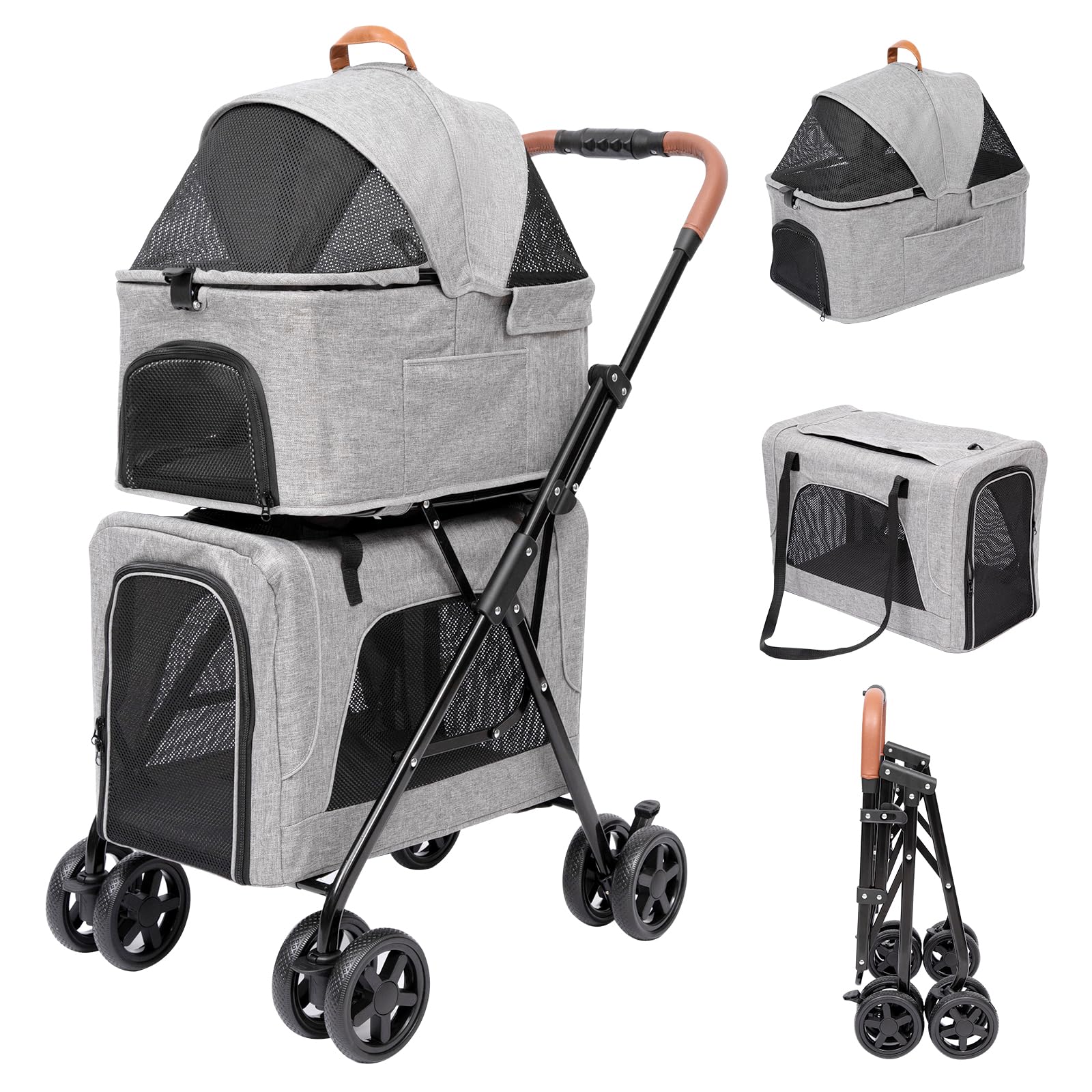 PETTOM ペットカート 2段式の上下段セット 多頭 猫 犬 小型犬 中型犬 取り外し可能 分離 軽量 お出かけ 多機能 耐荷重(約) 上段10KG 下段10KG