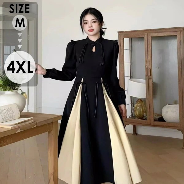 レディースドレス　中華風 ワンピース Aライン ロング丈長袖 萌え萌え 可愛い袖付き春秋 フォーマル 二次会 女子会 成人式 おしゃれ着痩せる ブラック